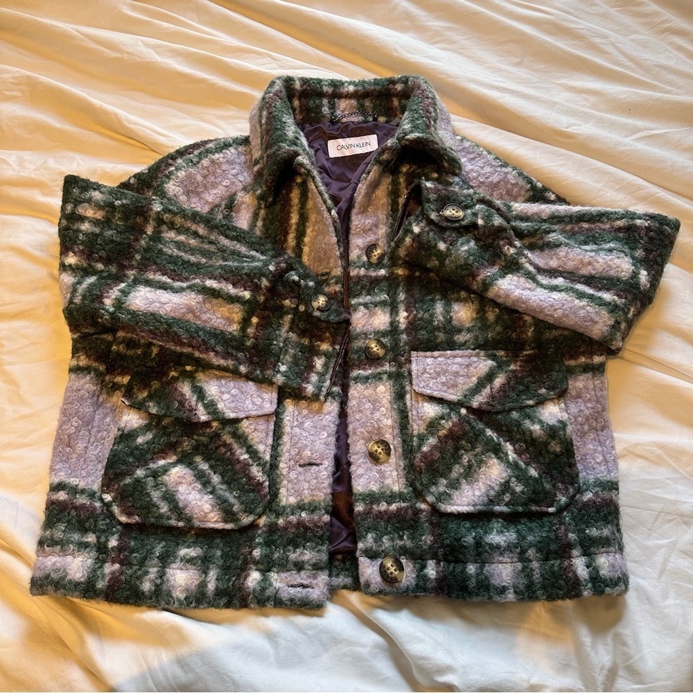 Calvin Klein Plaid Wool Blend Jacket Shacket Green Lavender Cozy Button Front M - Picture 9 of 9